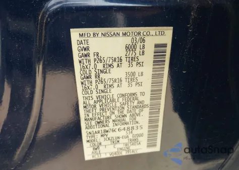 2006 Nissan Pathfinder Se Off-Road from USA, damaged, VIN 5N1AR18W76C648835